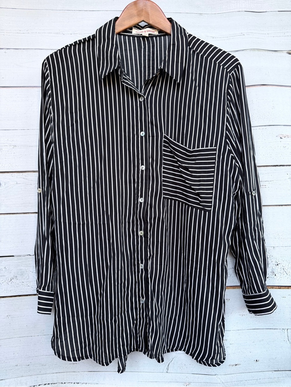 Grand & Greene Striped Button Down Roll Tab Sleeve Blouse Size Large